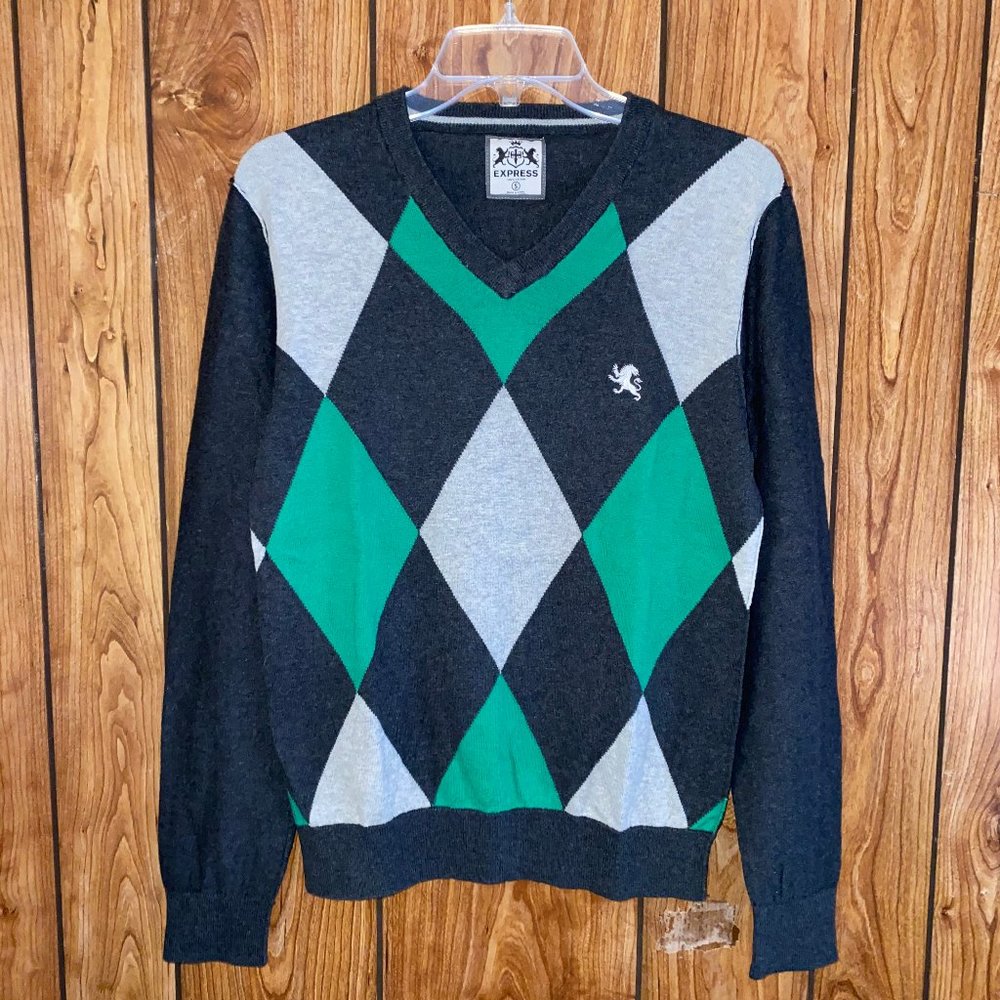 Mens Express V-Neck Argyle Pattern Size S Sweater